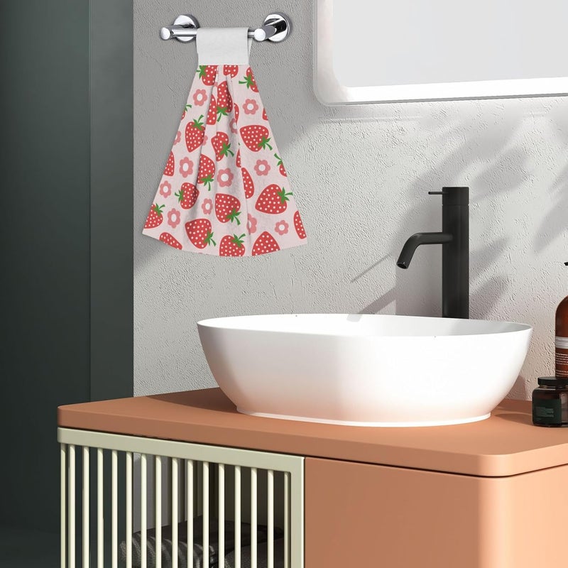 PDDCWAY Cute Red Strawberry Kitchen Hand Towels Spring Pink Flowers Hand Tie Towels Set of 2 PCS Dish Towels with Loops Tea Bar Dish Cloths Towel for Bathroom Home - Image 5